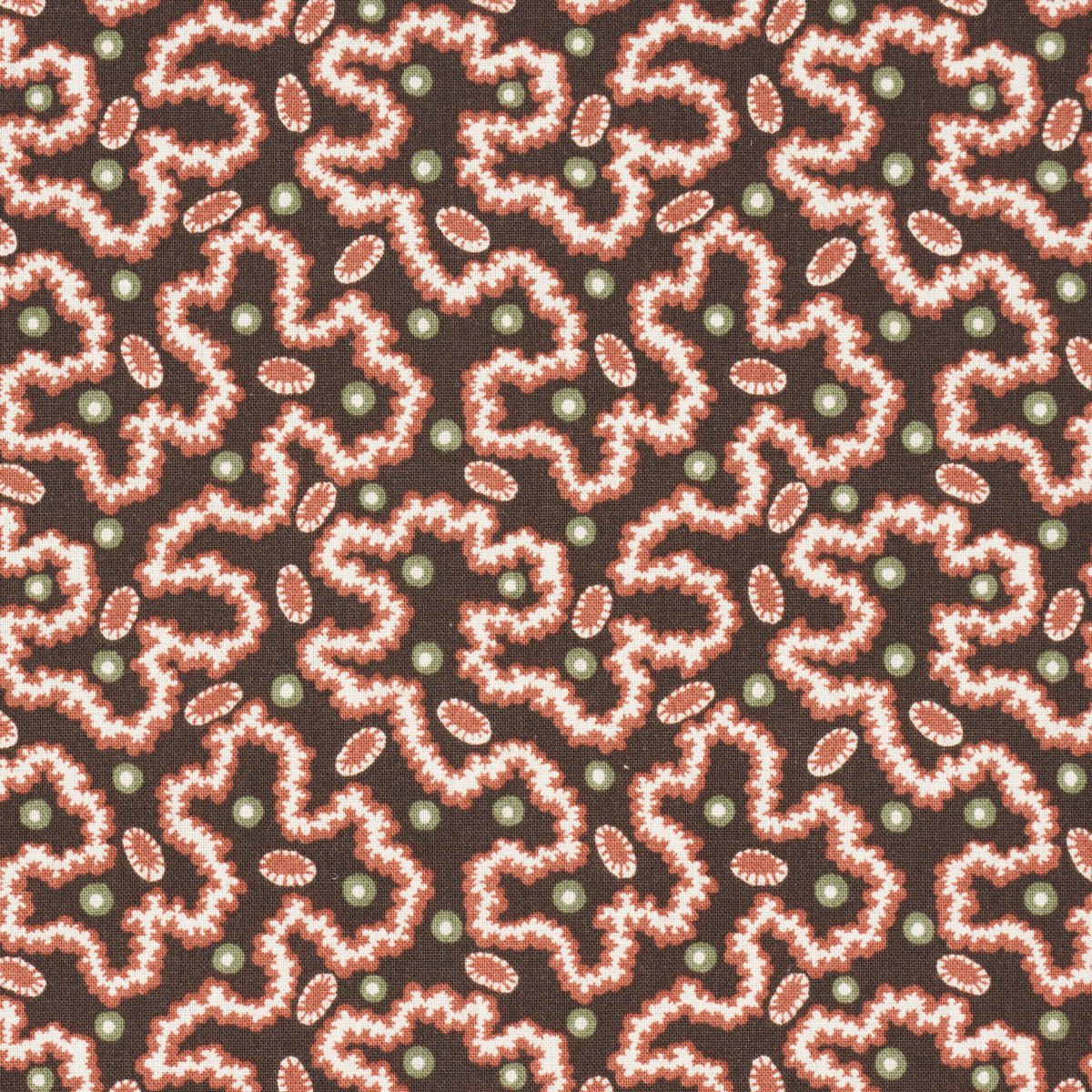 Dark brown fabric with pink scalloped paisley floral pattern, cream edges & pale green dots; decorative textile print.