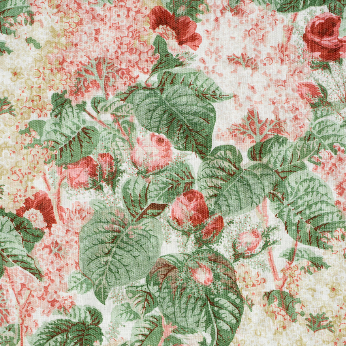 Vintage floral print with pink roses and green leaves on apricot background; botanical fabric pattern for dress or upholstery