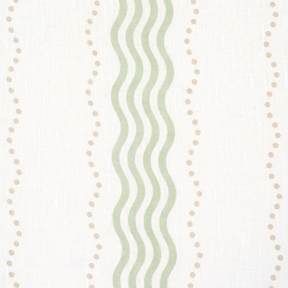 Cream linen-textured wallpaper featuring a pale green wavy vertical stripe flanked by tan dotted lines.