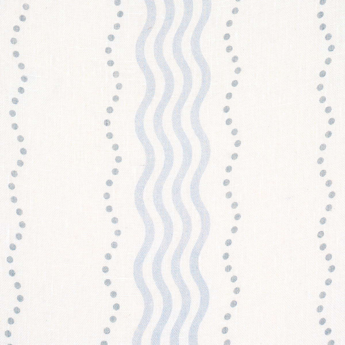 Cream fabric with pale blue vertical wavy stripe flanked by dotted lines; soft nautical textile pattern.