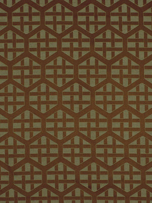 Dark brown and tan geometric lattice pattern with interlocking shapes; fabric-like textile suitable for upholstery or wallpaper.