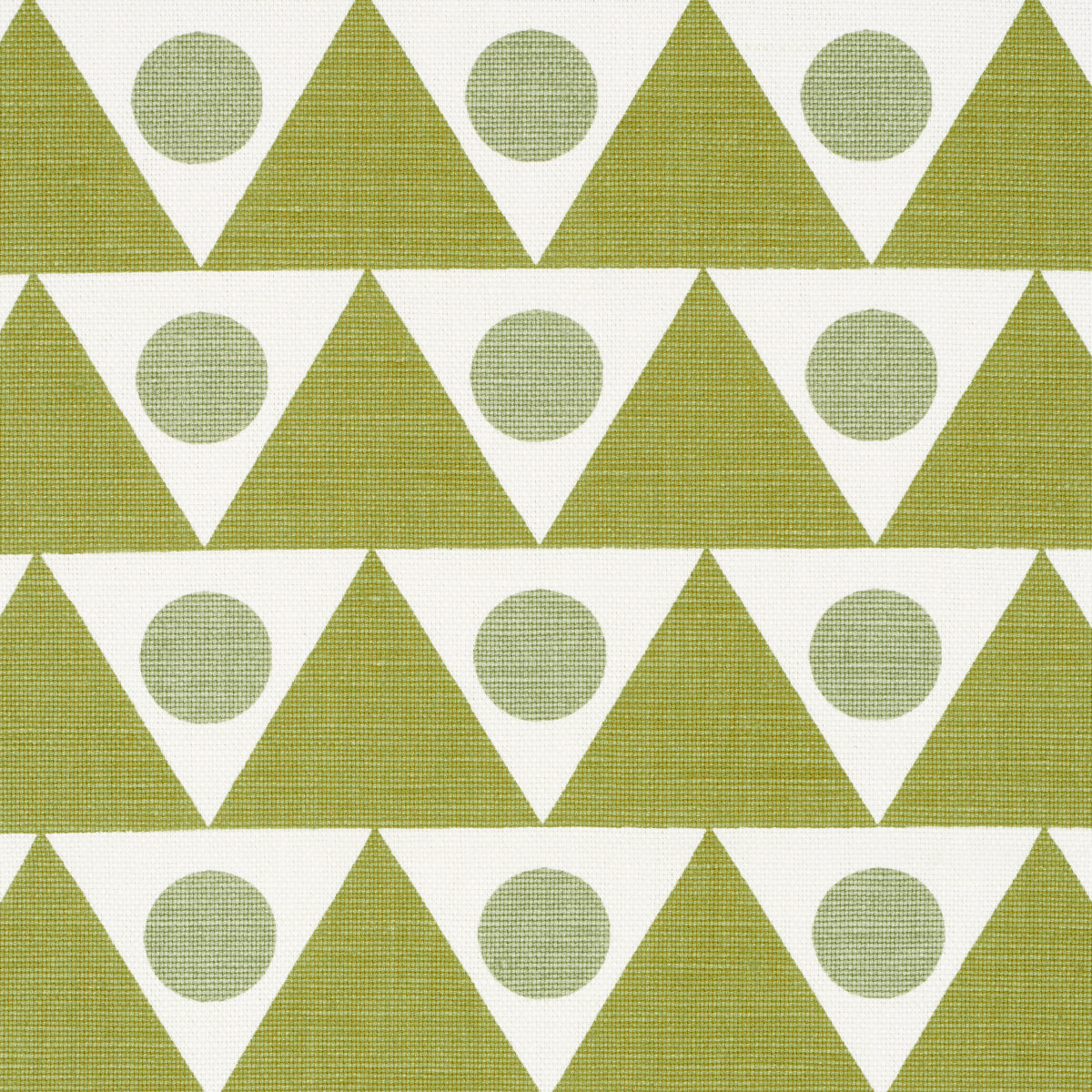 Pennant print pattern with olive triangular pennants and pale-green circles on white; bold geometric design for upholstery fabric or cushions.