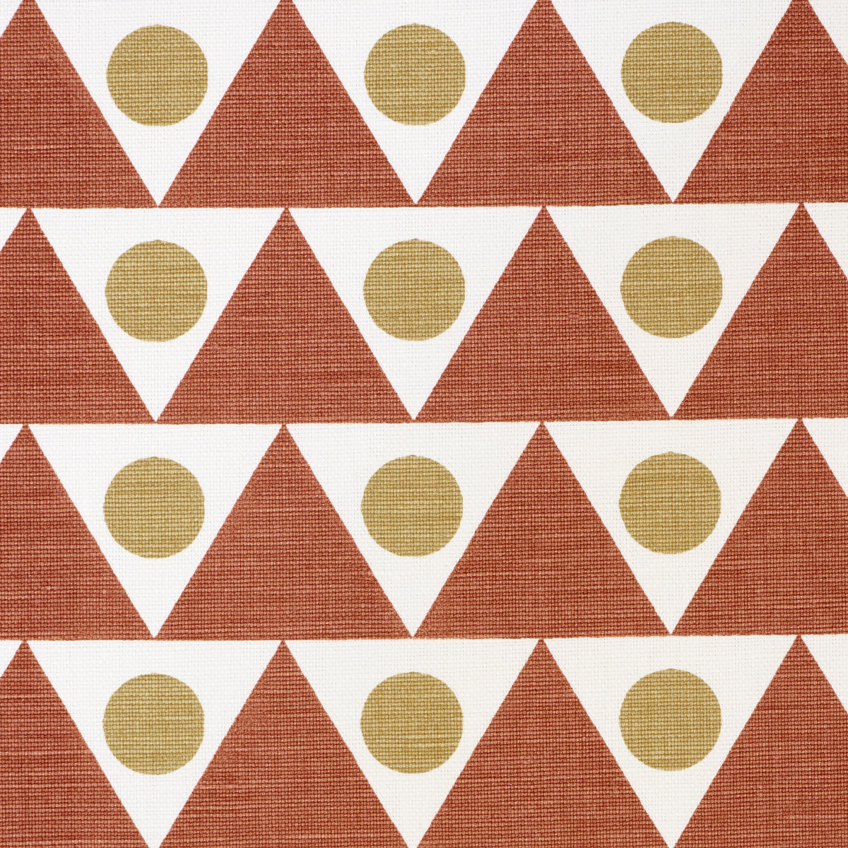 Geometric woven fabric: rust orange triangles with gold circles on white chevron background; versatile upholstery & textile.