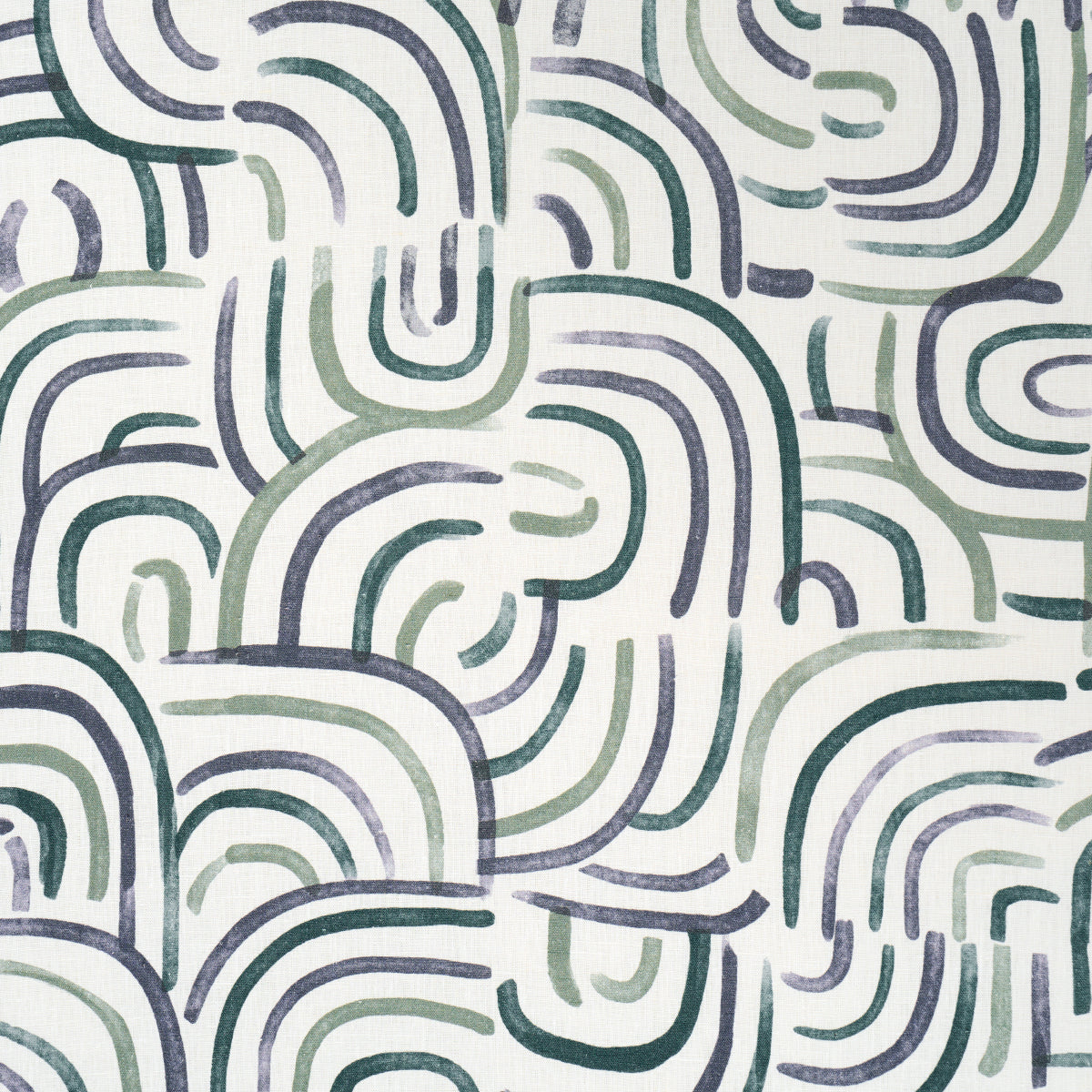 Abstract curved-line pattern in navy, teal and sage green on white; wallpaper print.