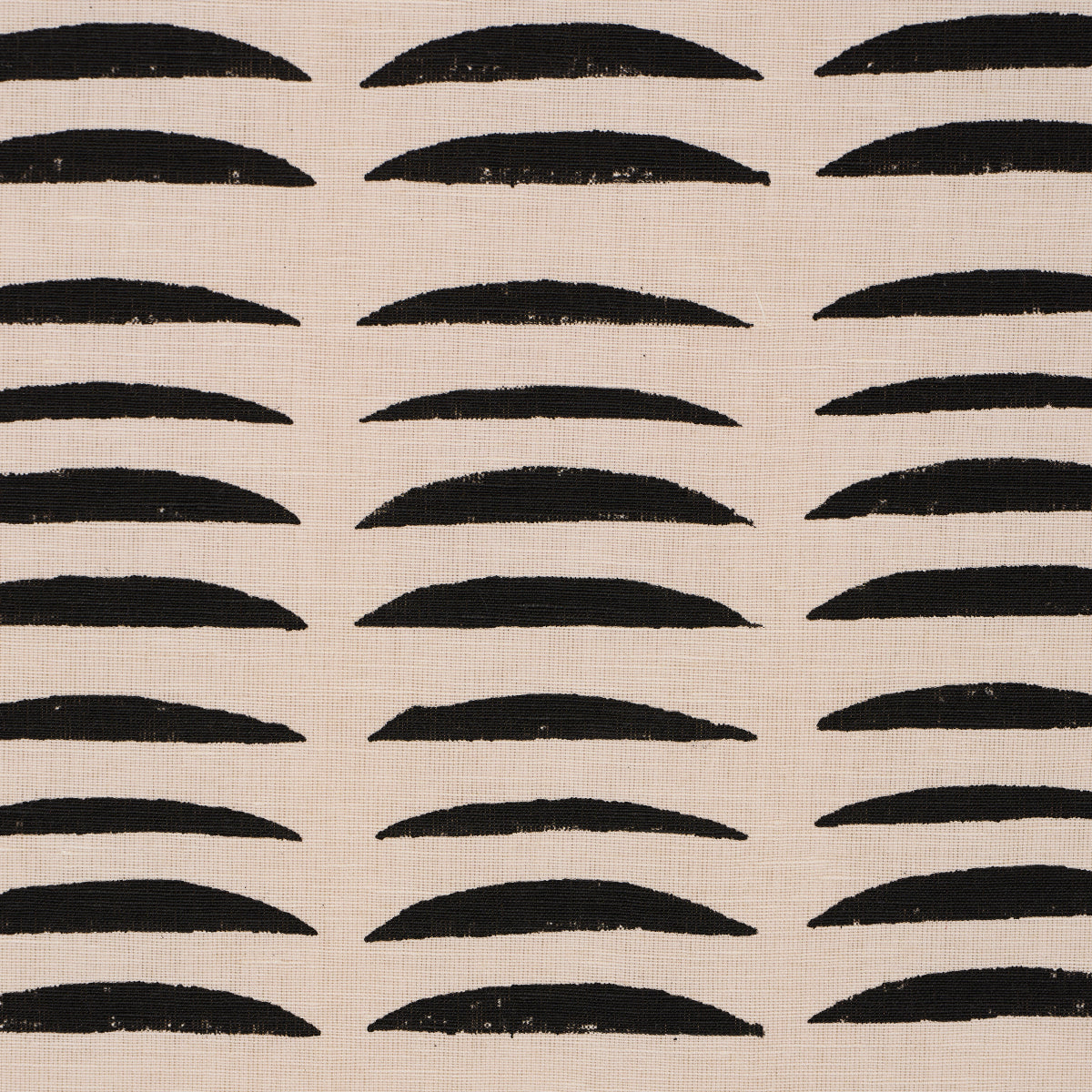Beige fabric with repeating rows of black curved brushstroke arcs in a grid.