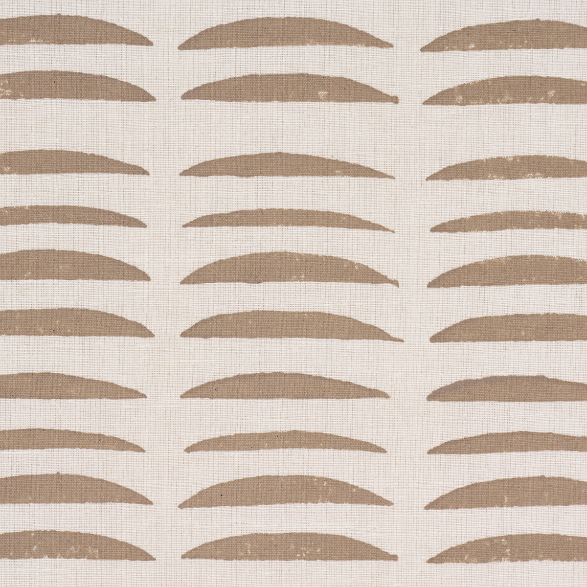 Beige fabric with a hand-block-printed geometric pattern of tan crescent arcs in horizontal rows.
