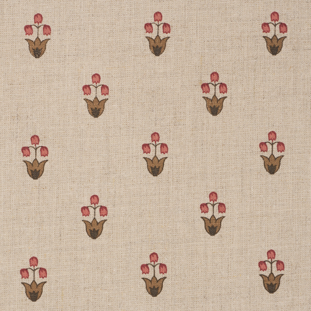 Beige linen-look fabric with repeating pink tulip bouquet motifs on brown stems; decorative upholstery textile.