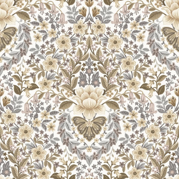 Vintage damask floral pattern in cream, beige, taupe and gray with leaves and blossoms; wallpaper design.