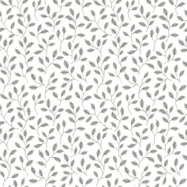 Grey botanical leaf pattern with delicate branched stems on white background; seamless wallpaper design.