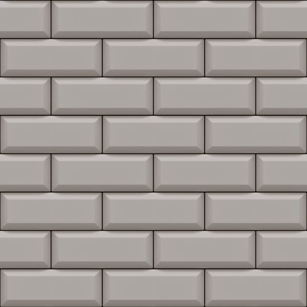 Beige brick wall tiles with beveled edges in a classic running bond pattern; 3D shadowed rectangular blocks.