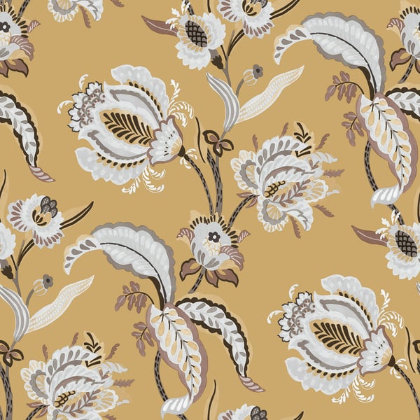 Mustard-yellow wallpaper with large cream and gray flowers and brown stems in an abstract floral pattern.