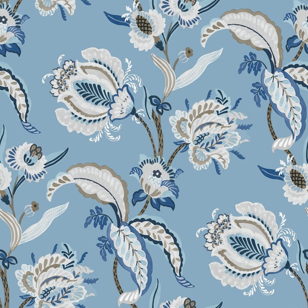 Blue background with ornate white and cream floral pattern, beige and navy leaves, repeating wallcovering design.
