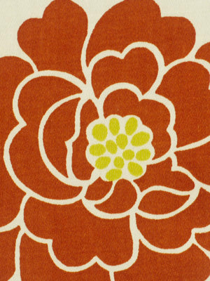 Bold orange floral print with white outlines & yellow centers on cream fabric; retro botanical pattern.