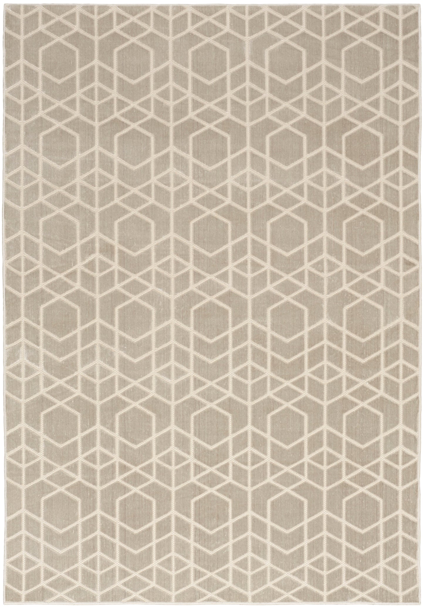Beige area rug with an off-white geometric interlocking cube pattern.