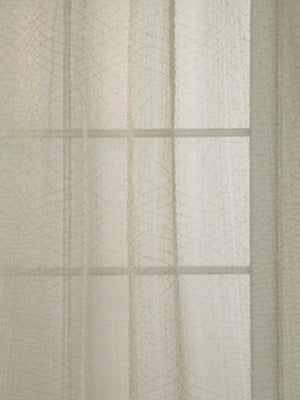 Beige sheer curtain with faint square grid pattern, lightweight translucent fabric for airy window styling.