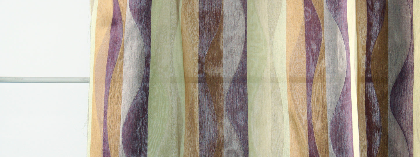 Colorful sheer curtain with wavy vertical stripes in purple, green, beige and brown.