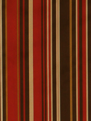 Vertical striped upholstery fabric in red, burgundy, beige and brown; woven textile with multi-width stripes.