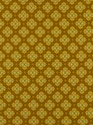 Golden damask pattern with repeating floral quatrefoil motifs in a diamond lattice; ornate drapery fabric texture.