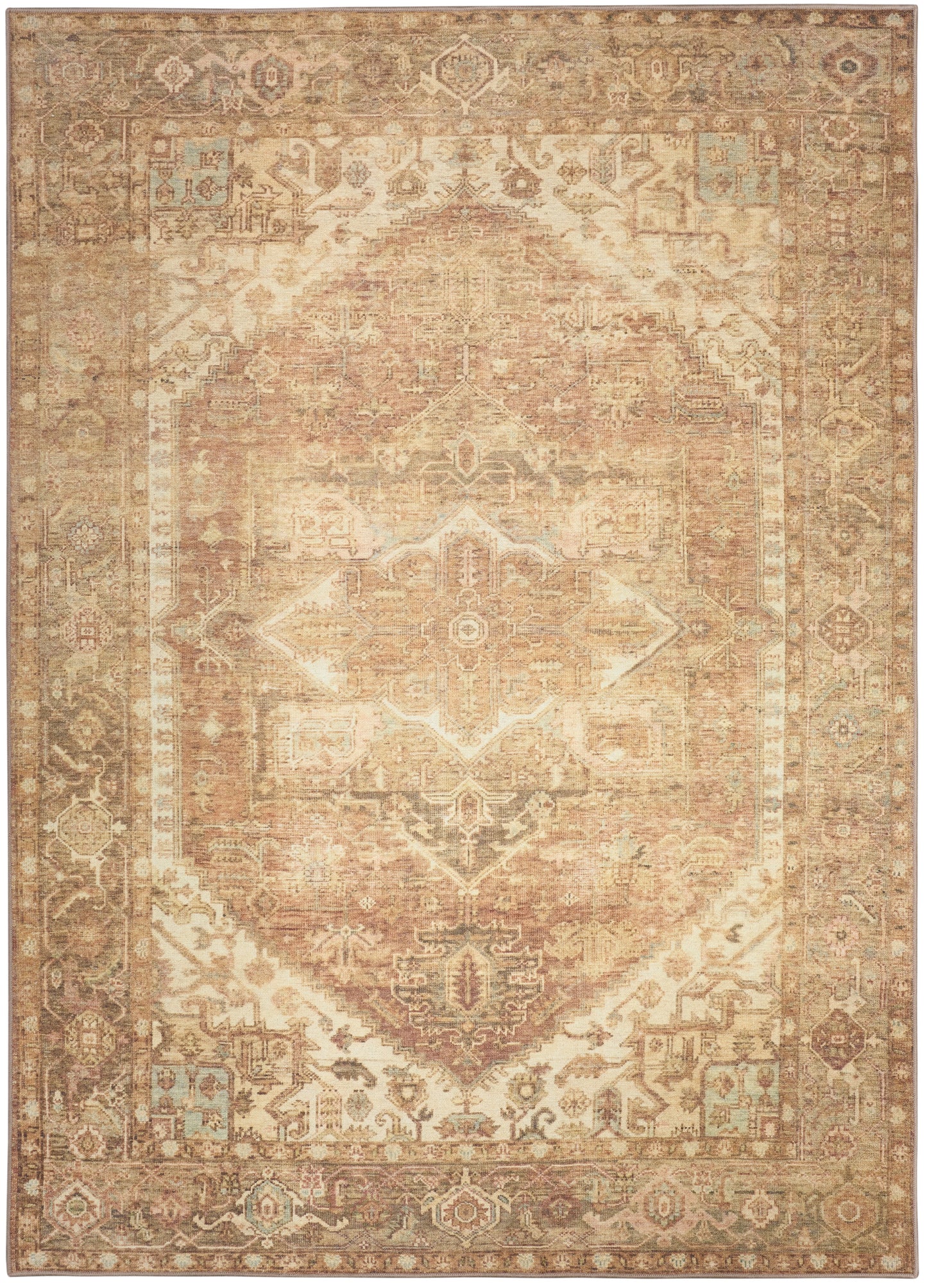 Distressed vintage oriental rug with central medallion in warm beige/cream tones, peach accents and ornate border.