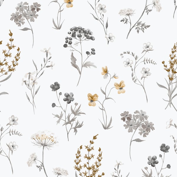 Watercolor floral pattern with gray, taupe & gold flowers on a pale background.