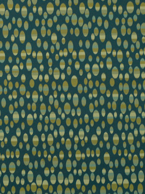 Dark teal fabric with lime-yellow oval dots in an abstract spotted pattern; ideal for upholstery.