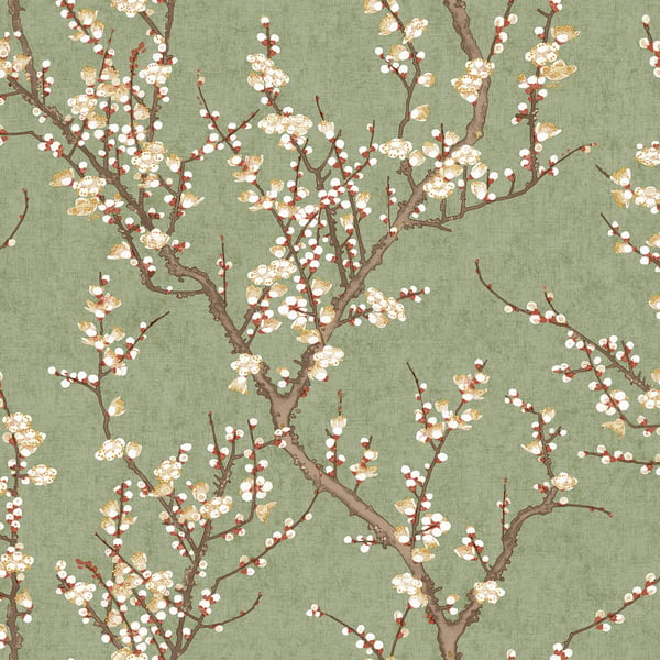 Sage green wallpaper with brown flowering branches and white blossoms in a botanical pattern