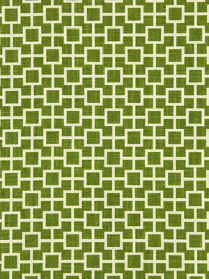 Olive green fabric with a white interlocking square lattice geometric pattern.