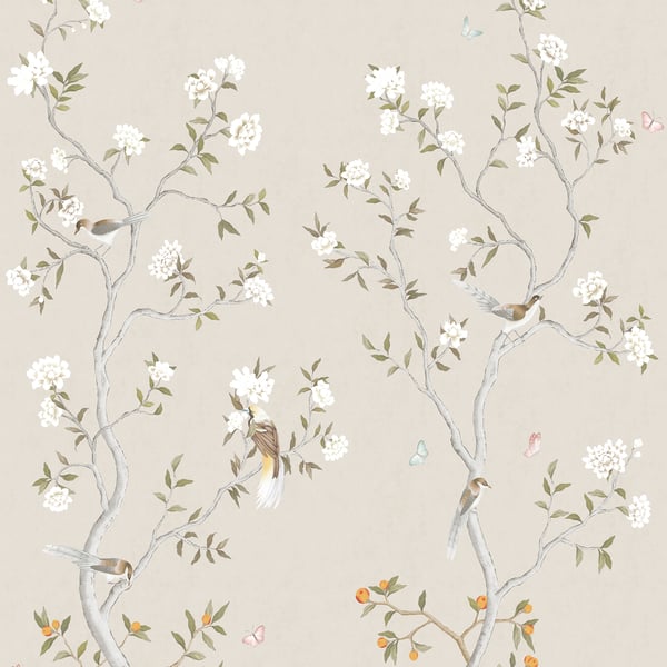 Beige wallpaper featuring twisting gray branches, white blossoms, small perched birds & subtle pastel butterflies.