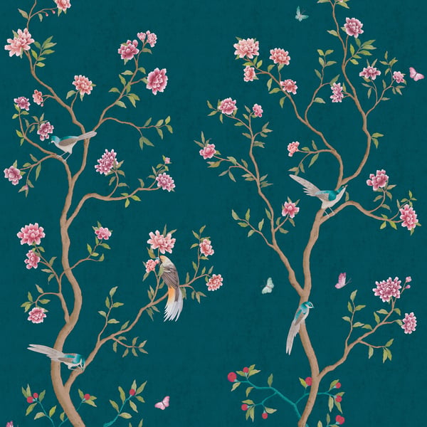 Blue mural featuring flowering tree branches, pink blossoms, birds & butterflies.