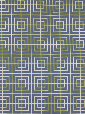 Gold square lattice geometric pattern on a deep blue background, repeating Art Deco-inspired drapery fabric texture.