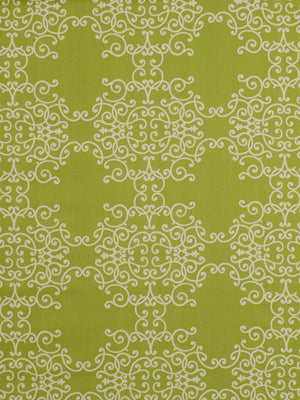 Lime green fabric with a white ornate damask scroll pattern in repeating motifs.
