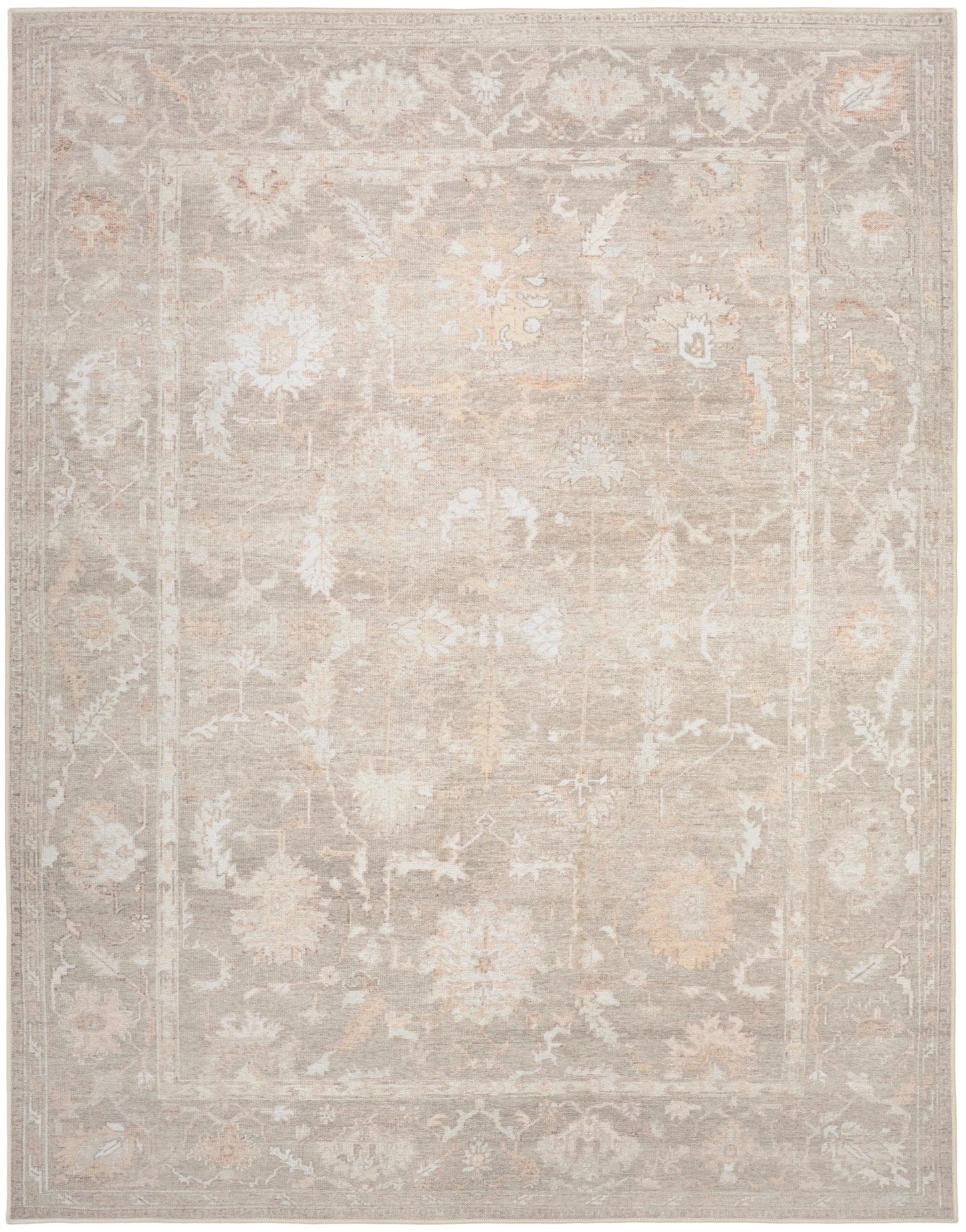 Neutral beige distressed traditional oriental rug with floral medallion pattern; rectangular living room area rug.