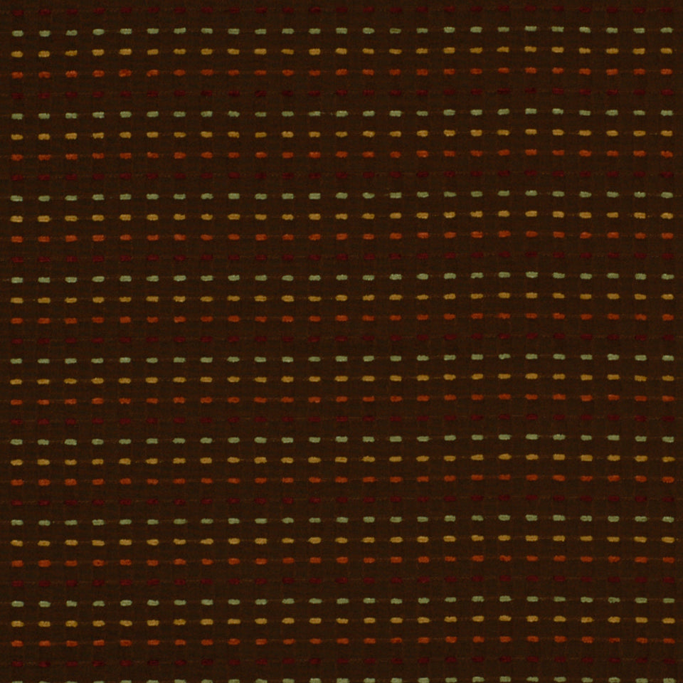 Dark brown woven fabric with horizontal rows of small multicolor dashes in orange, yellow, and teal.
