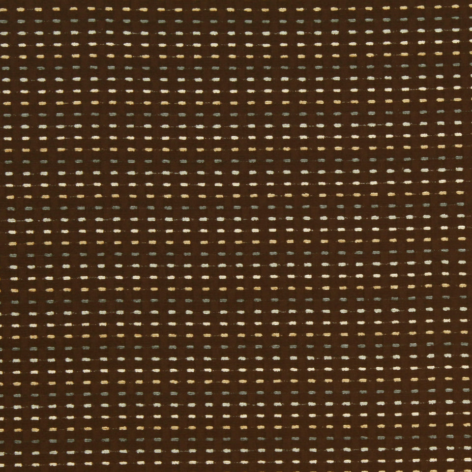 Brown woven fabric swatch with cream dashed grid pattern for upholstery or drapery use
