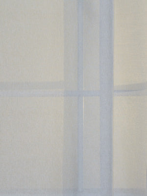 Cream fabric with pale blue intersecting lines forming a soft windowpane plaid pattern.