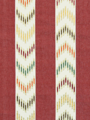 Two white woven ribbon strips with multicolor chevron zigzags in orange, green, and black on a red background.