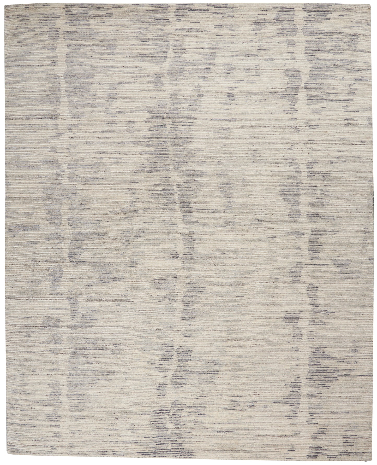 Rectangular area rug in light beige with subtle gray abstract vertical stripe pattern; soft woven texture.