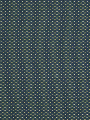 Navy blue fabric with tiny pale beige geometric motifs in a dense grid, subtle woven texture for upholstery or apparel.