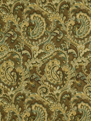 Gold, brown, and teal paisley damask drapery fabric with a faded swirling pattern.