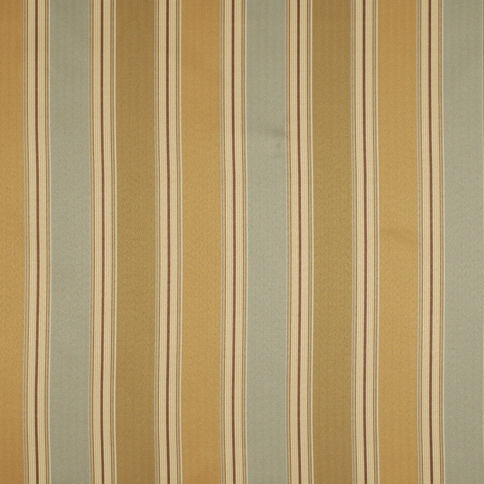 Vertical striped drapery fabric in warm gold, sage green, and beige with thin white accents.