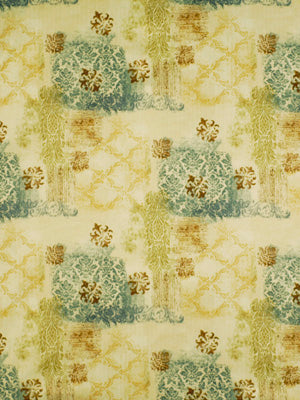 Patterned drapery fabric with cream-yellow and teal blocks and brown floral accents; repeating vintage-inspired floral stamp design.