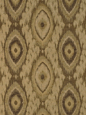 Beige-brown ikat-like damask fabric with vertical rows of oval medallions and concentric rings.