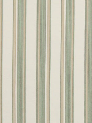 Vertical striped upholstery fabric with a cream base and sage-green, teal, and tan stripes.