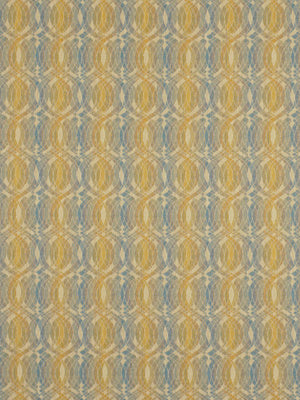 Patterned upholstery fabric with repeating golden and pale blue circular motifs.