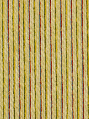 Beige woven fabric with thin vertical stripes in red, blue, green, and brown; striped upholstery fabric.