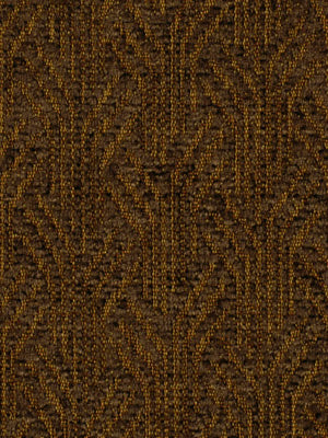 Brown and gold damask jacquard upholstery fabric with an ornate floral-leaf pattern.