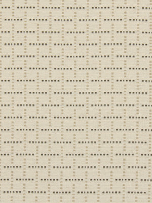 Beige upholstery fabric with a repeating brown dotted dash lattice pattern & a subtle geometric weave.