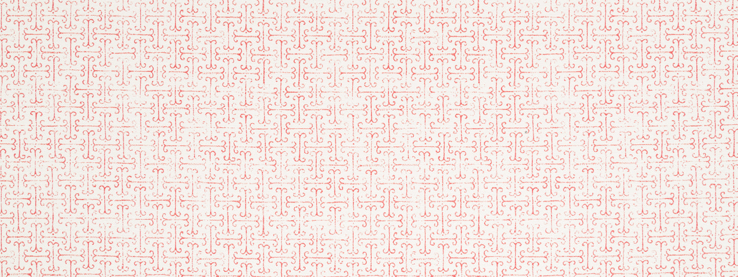Soft pink lattice motif on cream backdrop; delicate damask-inspired upholstery fabric pattern.