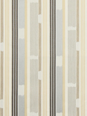 Vertical striped upholstery fabric in cream, beige, gray and blue tones with varying stripe widths for a subtle geometric pattern.