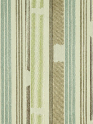 Vertical striped fabric pattern in mint, teal, beige and cream; retro mid-century upholstery textile.